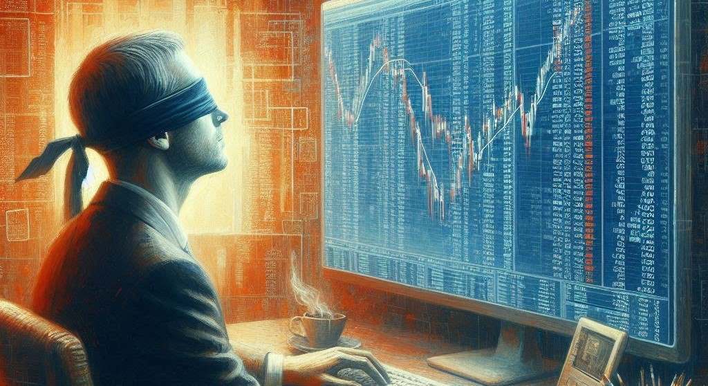 Man with a blindfold staring at a screen with share prices