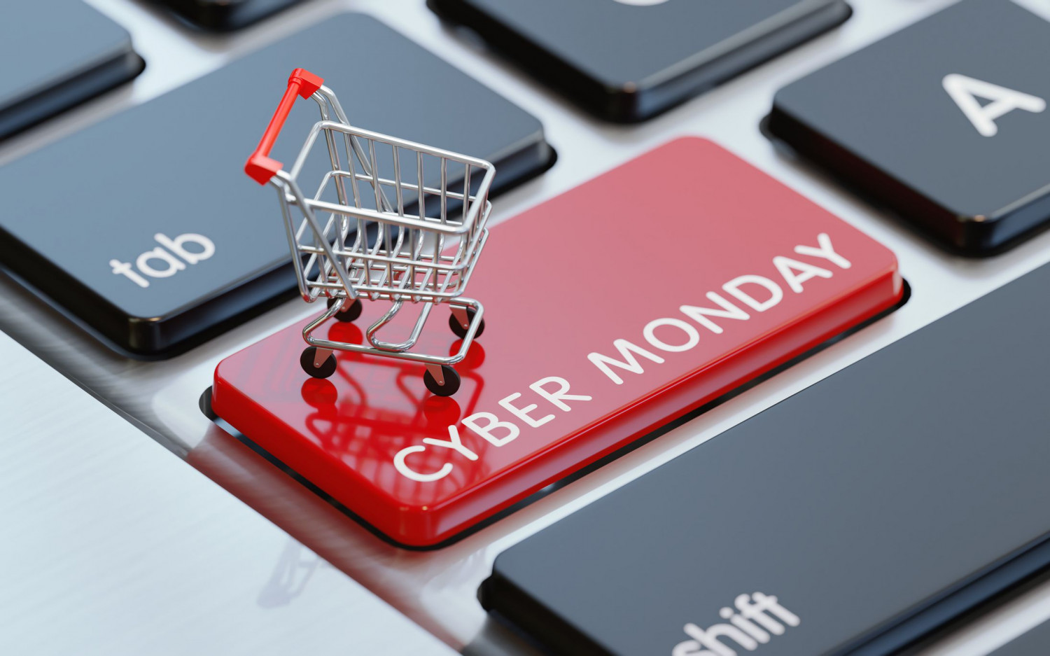 Small Cyber Monday shopping trolley on a button