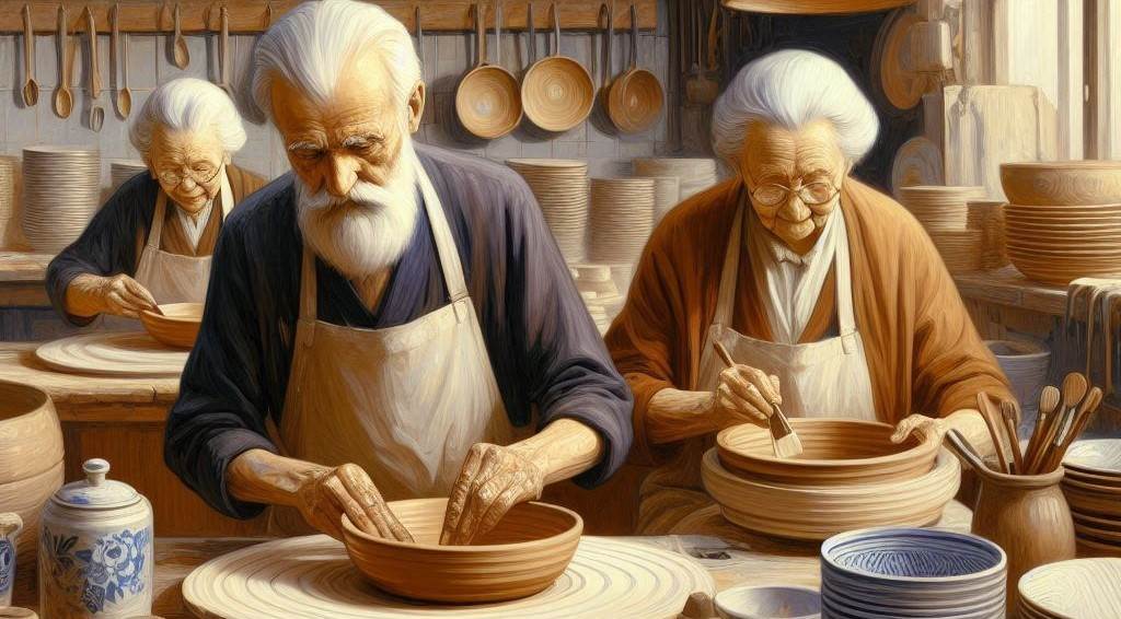 Elderly people making ceramics 