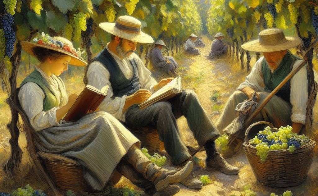 AI generated image of grape pickers reading