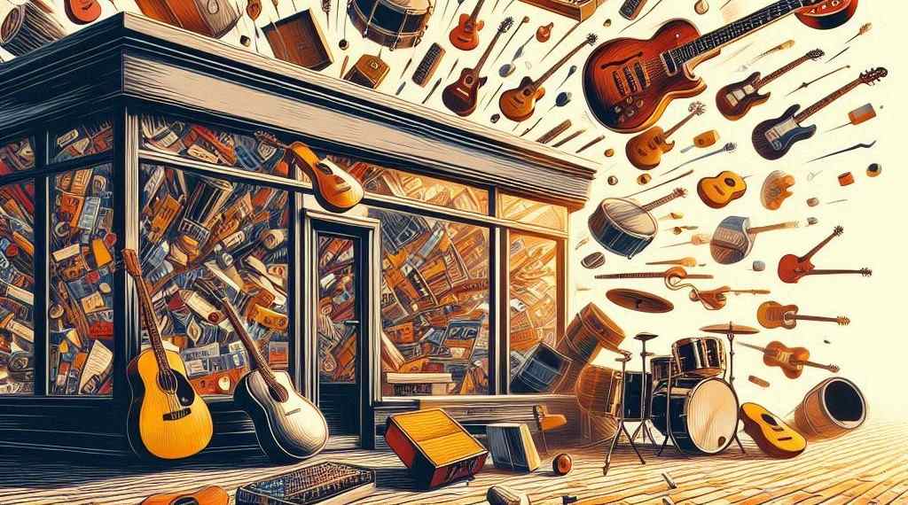 Musical instruments flying out of shop