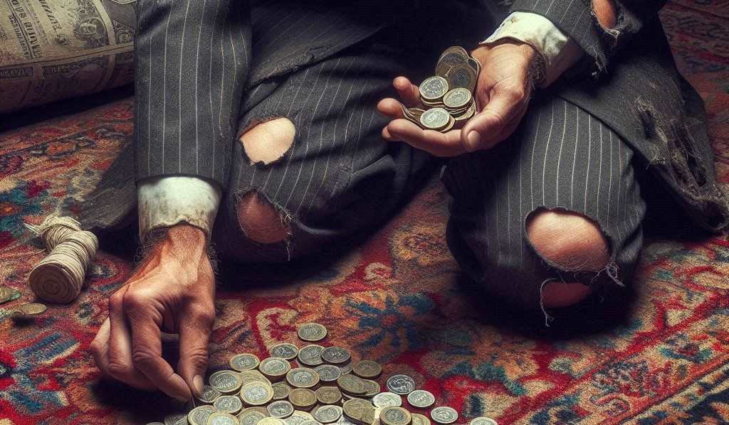 AI generated image of poor businessman picking up coins on threadbare carpet