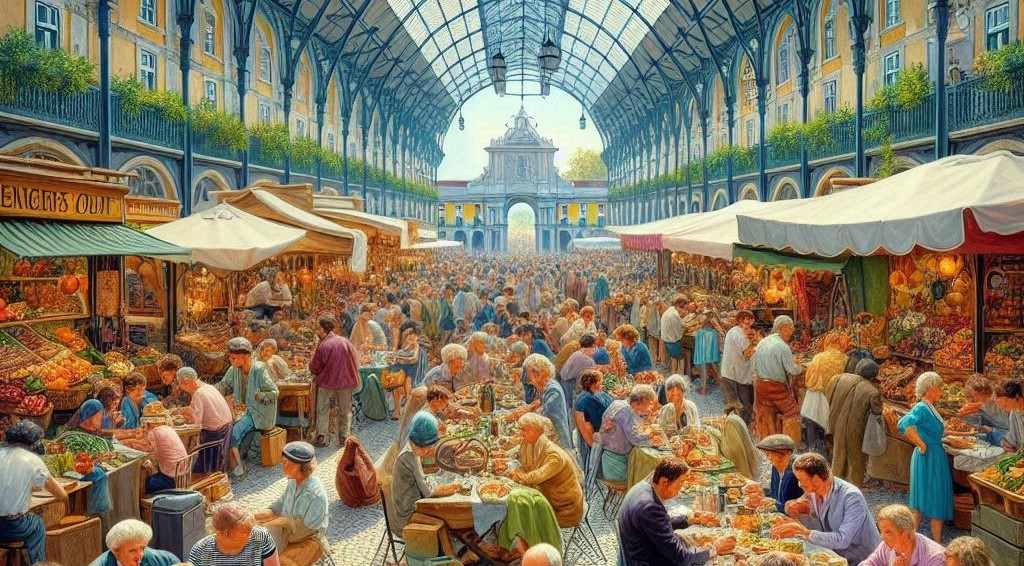 Picture of people eating at a market