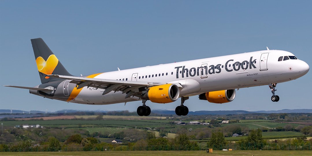 Thomas Cook aeroplane coming into land 