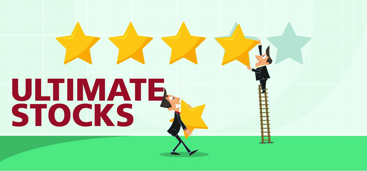 Investor's Champion Ultimate Stocks branding, man carrying fifth star to put on wall cartoon