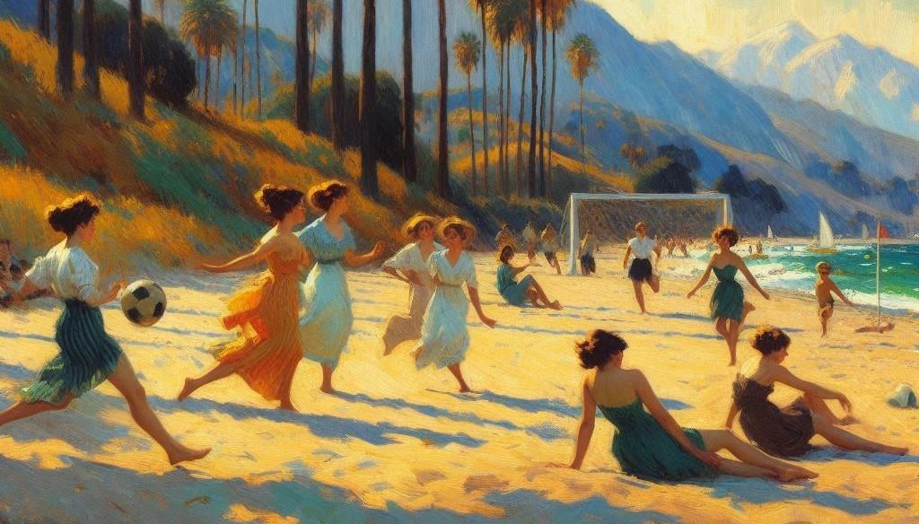 Women footballers on a beach